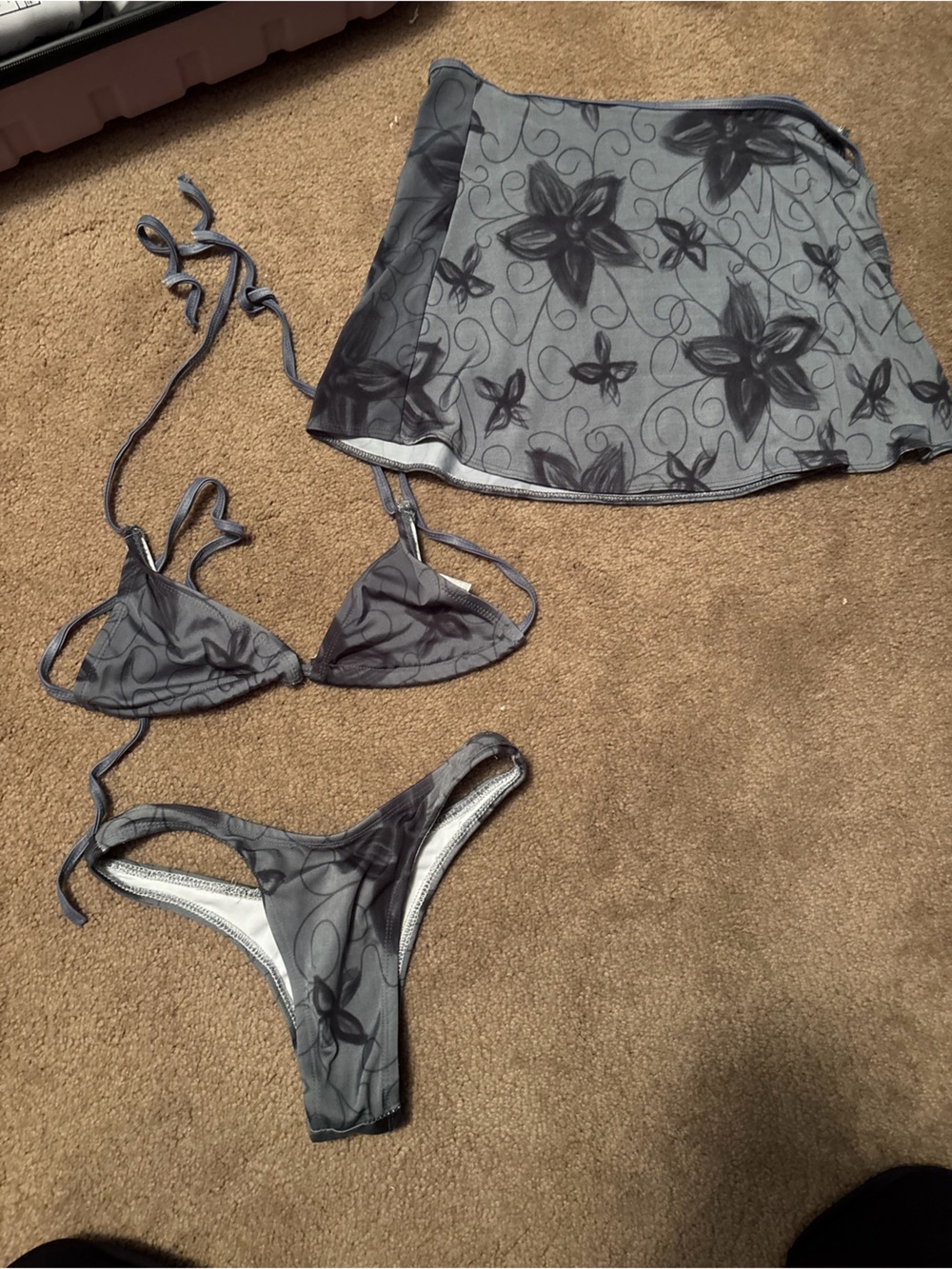 Victoria's Secret Gray Floral Triangle Bikini Set with Swim Skirt / Sarong